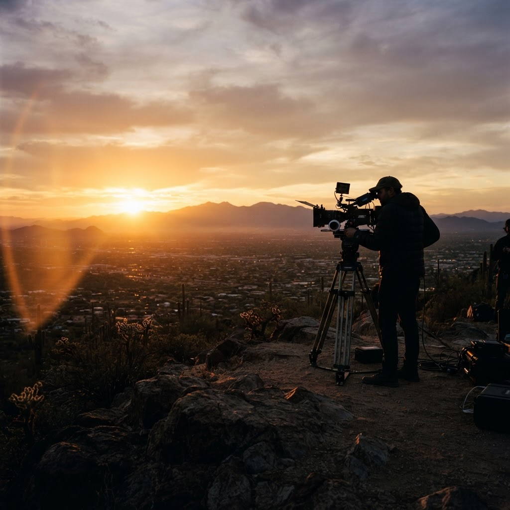 A cinematographer operating a cinema camera at golden hour over New Mexico