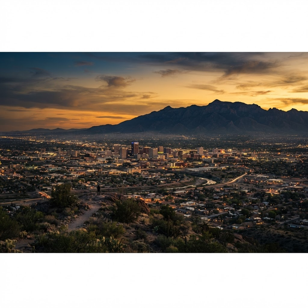 Dusk over Albuquerque, New Mexico with the Sandia mountains